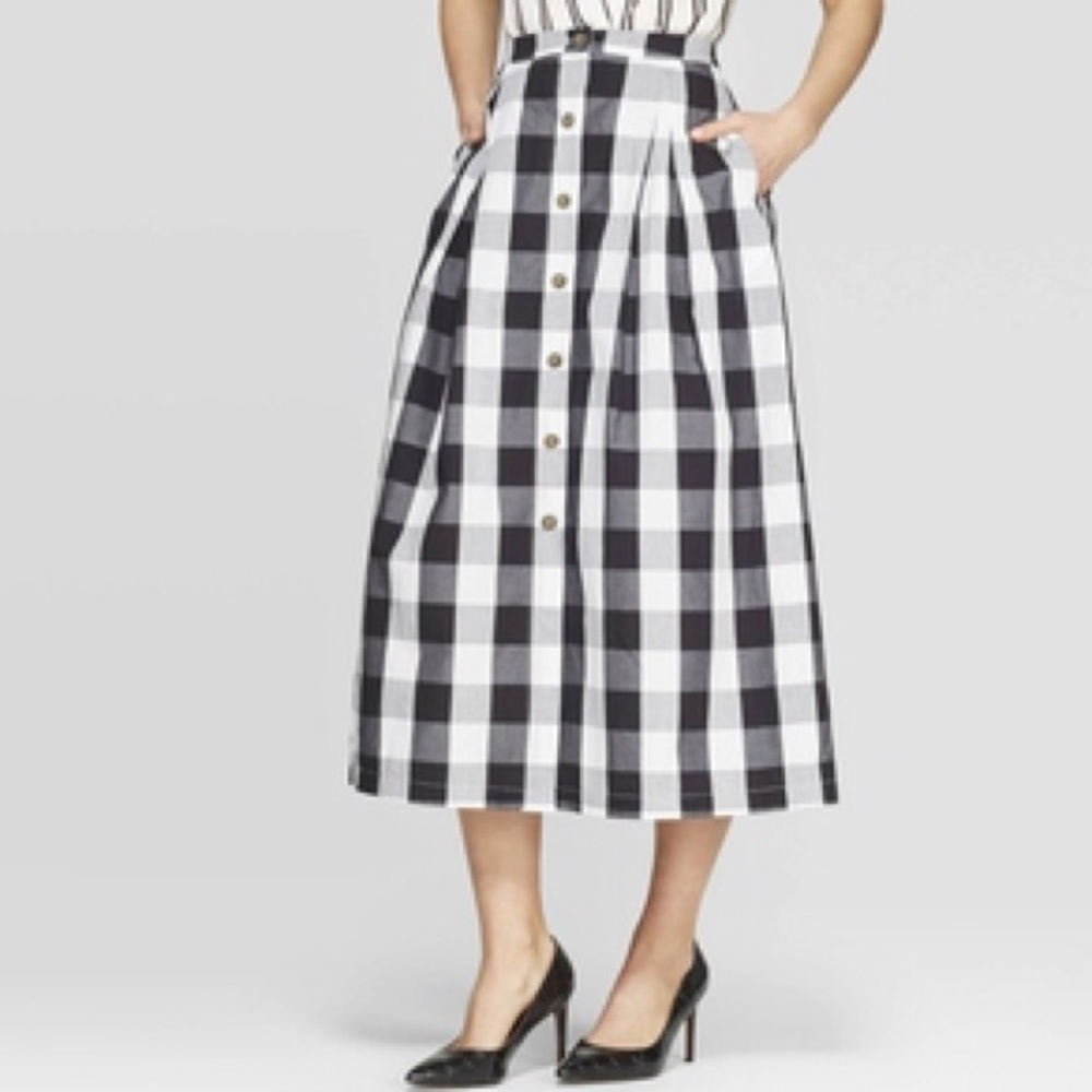 [Who What Wear] Gingham Plaid A-line Midi Skirt